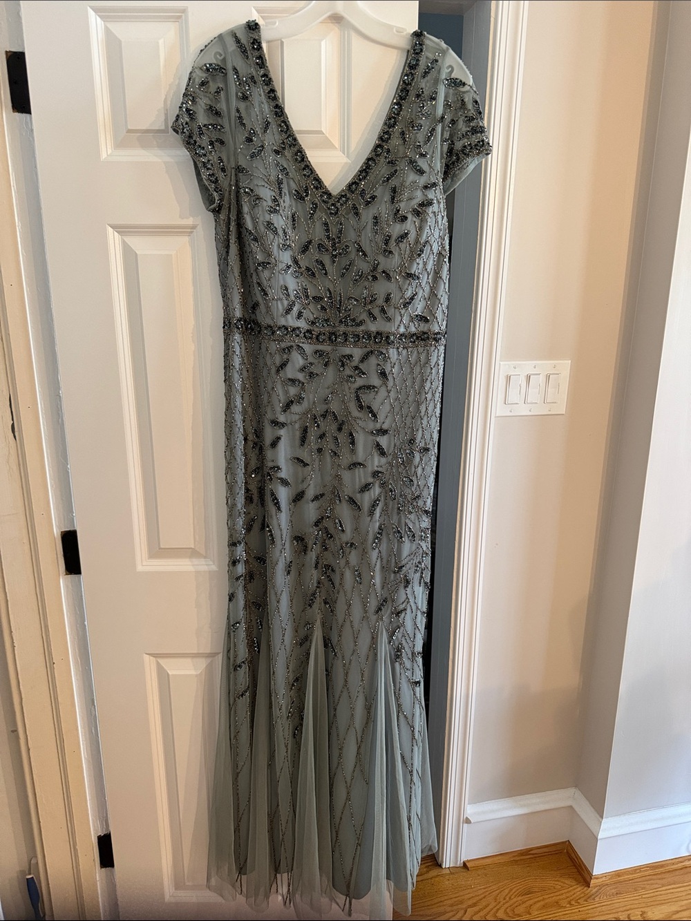 Oleg Cassini Sage Beaded V-Neck Maxi Dress